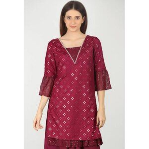 Mustard Women Wine Embellished V-neck Kurti Sz 6XL